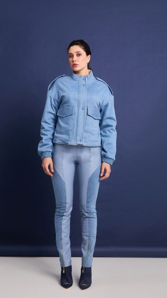 Jaqueta Bomber Jeans e Calça Montaria Jeans e couro
