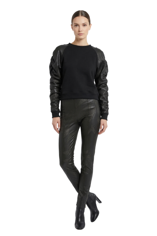 Blusa Moletom com Mangas em Couro Perfurado